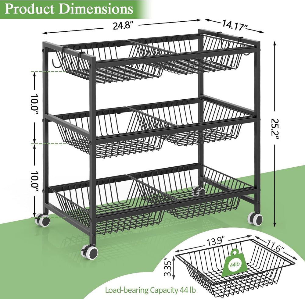 3-Tier Rolling Pantry Floor Organizer Cart with 6 Detachable Baskets, Metal W...