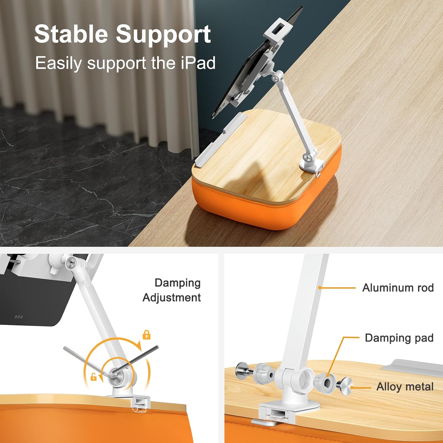Lap Beanbag Cozy Kindle Pillow Stand for Bed with Adjustable Arm, 360° Tablet Holder, Fits 4.7"-13" Kindle, iPad, Phone, Lap Desk for Hands Free Reading in Bed, Couch, Sofa,Orange