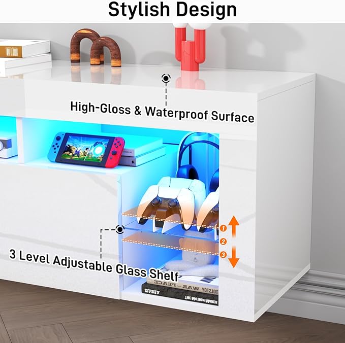 63" Floating High Gloss LED TV Stand for 75" TVs, Wall-Mounted Entertainment Center, Modern Media Console with Open Adjustable Glass Shelf and Hidden Storage Cabinet, White