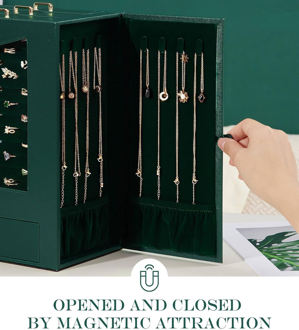 Homde Jewelry Organizer with Transparent Window Necklace Hooks Gift for Women Jewelry Box Display Case for Necklaces Rings Earrings Bracelets and Other Accessories (Forest Green)