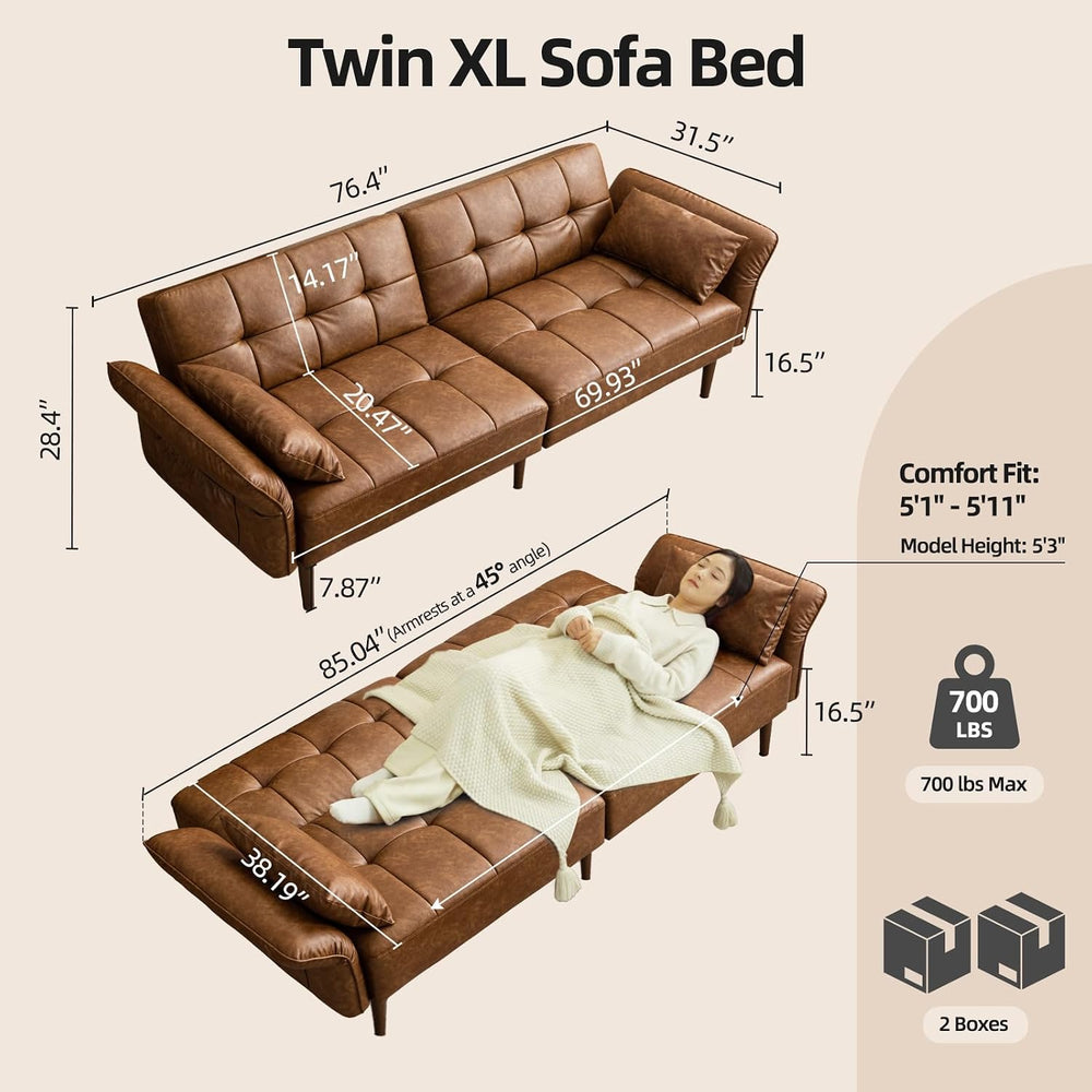 HALLYBEE 85" Futon Faux Leather Couch with Adjustable Armrests Brown | F...