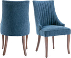 mikibama Linen Dining Chairs Set of 2 Channel Tufted Kitchen Dinner Chair Comfy Fabric Upholstered Accent Chair for Dining Room with Solid Wood Legs (Blue)