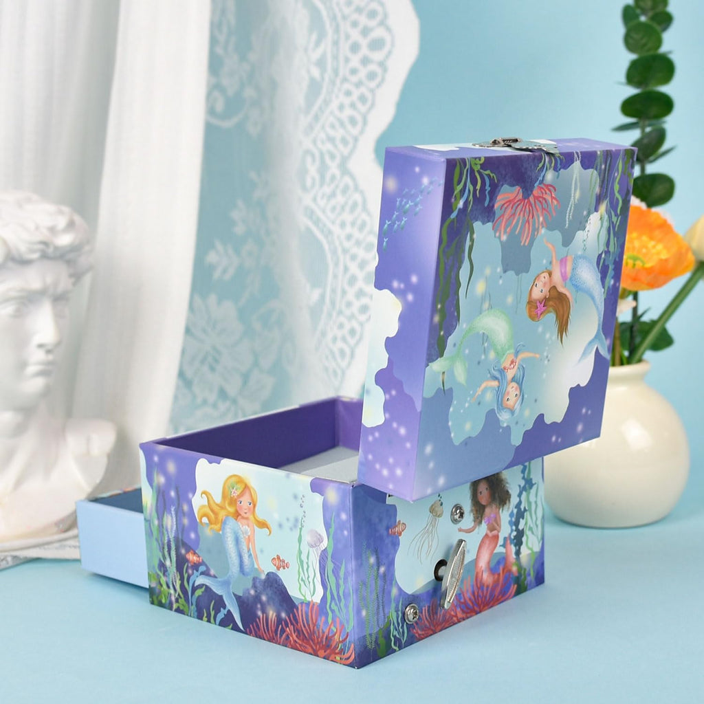 Mermaid Music Box for Girls - Little Mermaid Jewelry Box with Rotating Figurine, Storage Drawer, & Beautiful Dreamer Melody | Ocean Theme Design, 4.13x4.13x3.35 Inches | Musical Jewelry Box