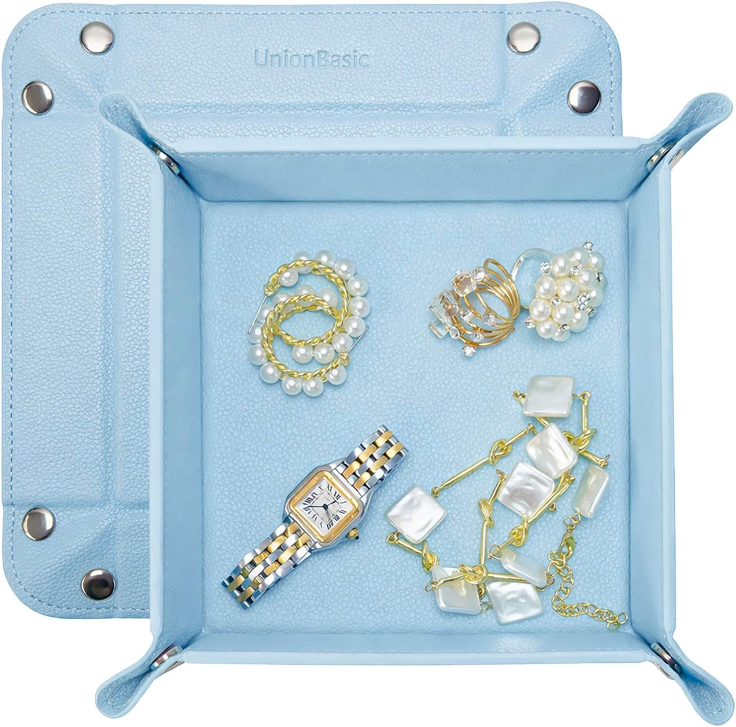 UnionBasic Small Jewelry Tray for Rings Watches Earrings, Entryway Catchall Caddy for Coins Keys Change, Nightstand Bedside Valet Holder, Trays for Electronic Gadgets, Lychee Pale Blue