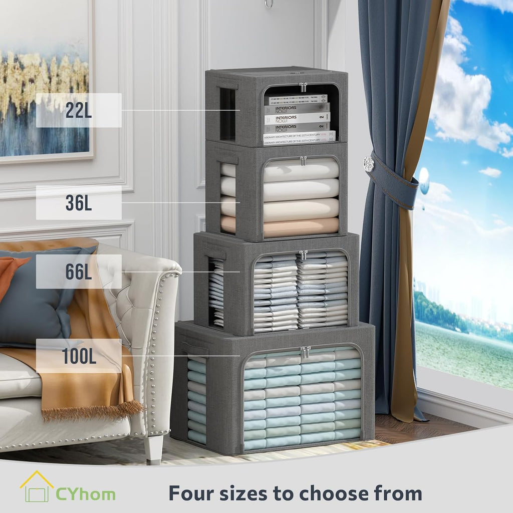CYhom 3Pack Foldable Storage Bins - Frame Storage Box Linen Fabric Stackable Clothes Container Organizer with Clear Window & Carry Handles Large Capacity (Large-66L, Dark Gray)