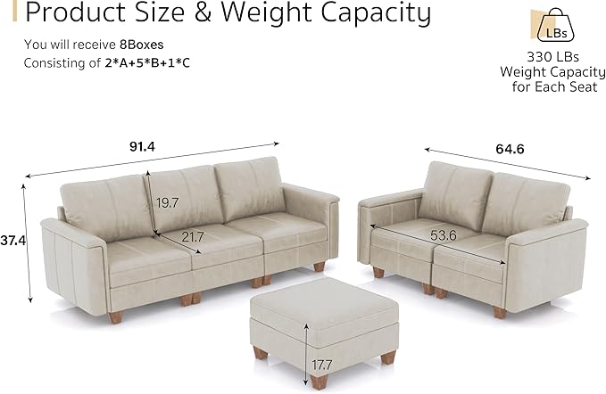 SITJOY Faux Leather Modular Sectional Sofa with Storage, Mid Century Modern Sectional Couches for Living Room, Soft Padded Armrests, 6 Seat Couch and Loveseat Sets with Ottoman, Greige