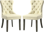 KCC Faux Leather Dining Chairs Set of 2, Upholstered High-end Tufted Dining Room Chair with Nailhead Back Ring Pull Trim Solid Wood Legs, Contemporary Nikki Collection Modern Style for Kitchen, Beige