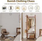 Coat Rack Freestanding Clothing Rack with Wheels, Coat Tree Freestanding Heavy Duty with 2 Storage Shelves and 5 Hooks, Wood Garment Rack for Corner Bedroom Hallway Entryway Living Room Hotel