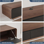 POVISON Fully-Assembled Minimalist Floating TV Stand, Modern Wall-Mounted Entertainment Center with 3 Flip-Down Cabinet Doors, Solid Wood, Walnut Veneer, 78"