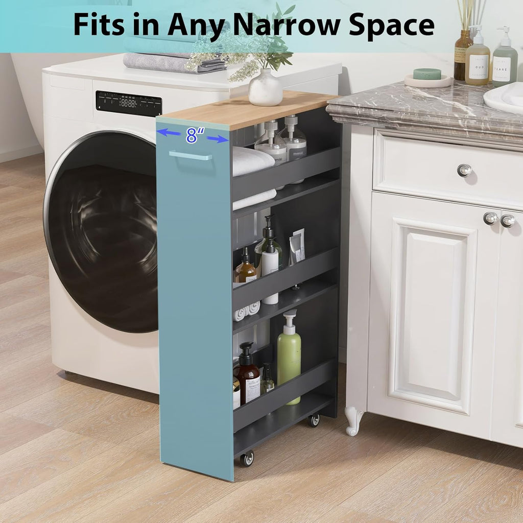 POWERSTONE 4-Tier Slim Storage Cart, Narrow Kitchen Rolling Cart w/Handle & Open Shelves, Skinny Slide Out Utility Organizer Trolley for Kitchen Bathroom Laundry Small Spaces Grey & Natural