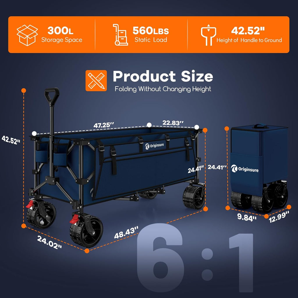 48" L Folding Beach Wagon Cart Foldable, 560lbs Weight Capacity 300L Heavy Duty Collapsible Wagons with Big All-Terrain Wheels, Utility Carts for Groceries, Shopping, Camping, Sports - Blue