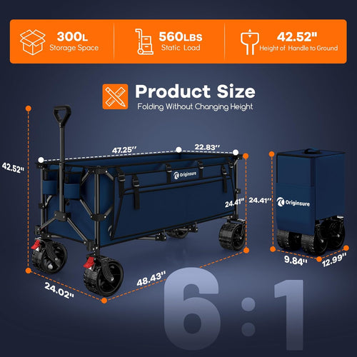 48" L Folding Beach Wagon Cart Foldable, 560lbs Weight Capacity 300L Heavy Duty Collapsible Wagons with Big All-Terrain Wheels, Utility Carts for Groceries, Shopping, Camping, Sports - Blue
