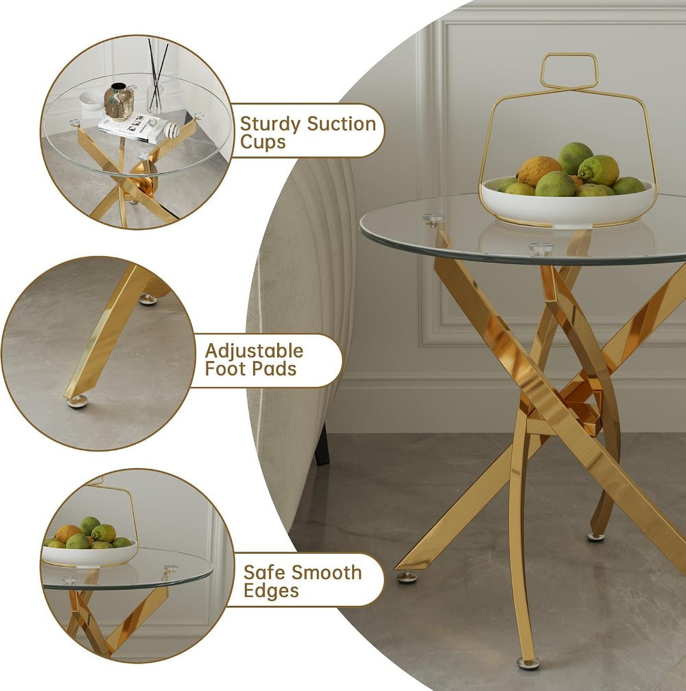 Round Glass End Table with Clear Tempered Glass Top & Cross Stainless Ste...