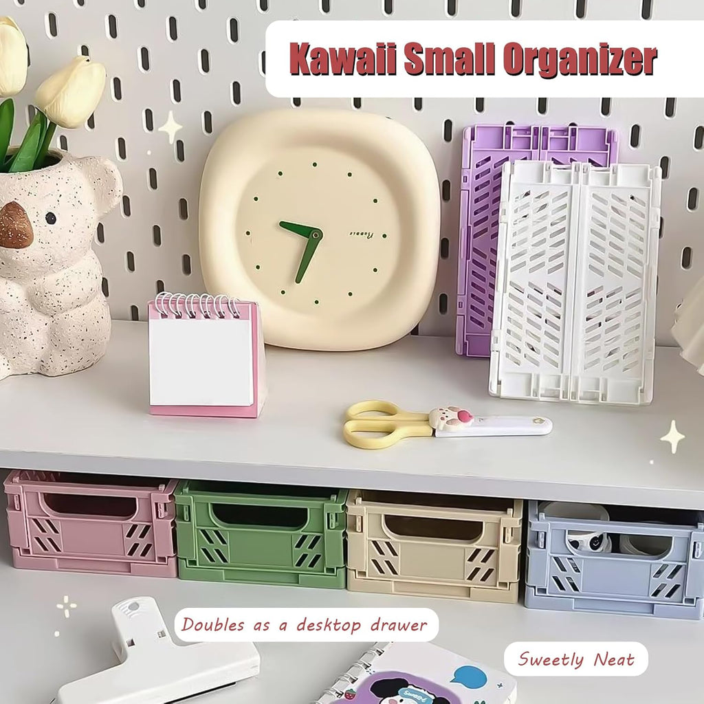 Small Pastel Plastic Storage Bins 2Pcs Foldable Pastel Crates Plastic Basket Colorful Storage Containers Baskets for Classroom Kitchen Office Bedroom Desktop Home Decor (Green 5.8" x 3.8" x 2.2")
