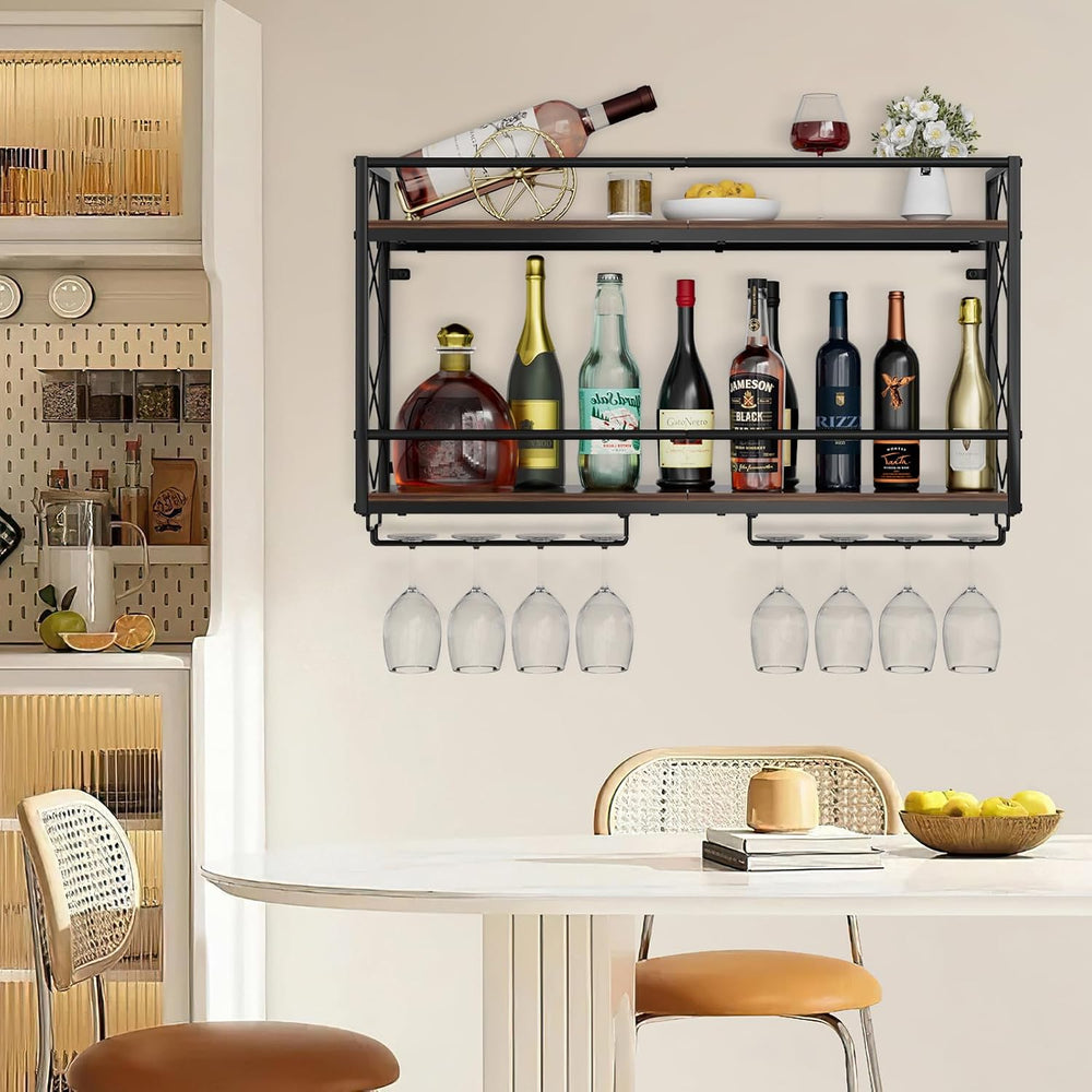 Wine Rack Wall Mounted 2 Tier Wall Wine Rack with Glass Holder, Double Layer ...