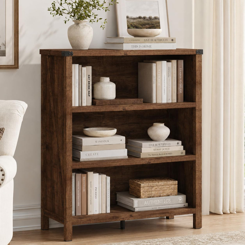 BON AUGURE Rustic Short Bookshelf, 3 Shelf Bookcase, Small Wood Low Book Case...