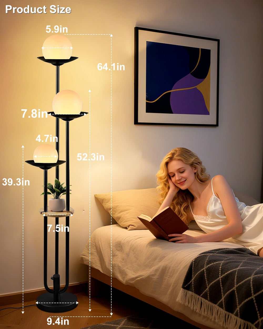 Lightdot Globe Floor Lamp with Shelf 3-Lights Modern Dimmable Floor Lamps 300...