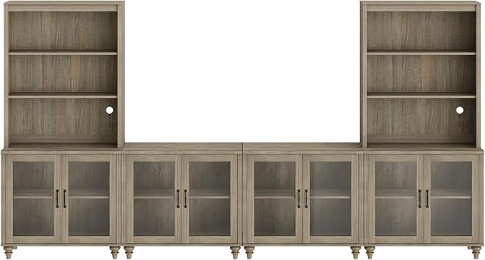 WAMPAT Entertainment Center with Bookshelves for TVs up to 75", Farmhouse Wall Unit TV Stand with Glass Doors, Media Console Table for Living Room, Bedroom & Home Theater, Wash Grey