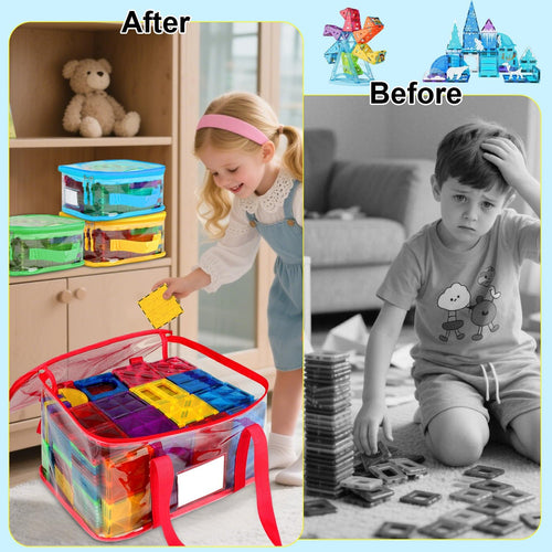 4 Pack Magnetic Tiles Storage Bag with Manual Pocket& Name Tag, Whole Clear PVC Magnetictiles Organizer Case for Magnetic Tiles, Building Blocks, Toy Cars, Board Game, Puzzle (Colorful)