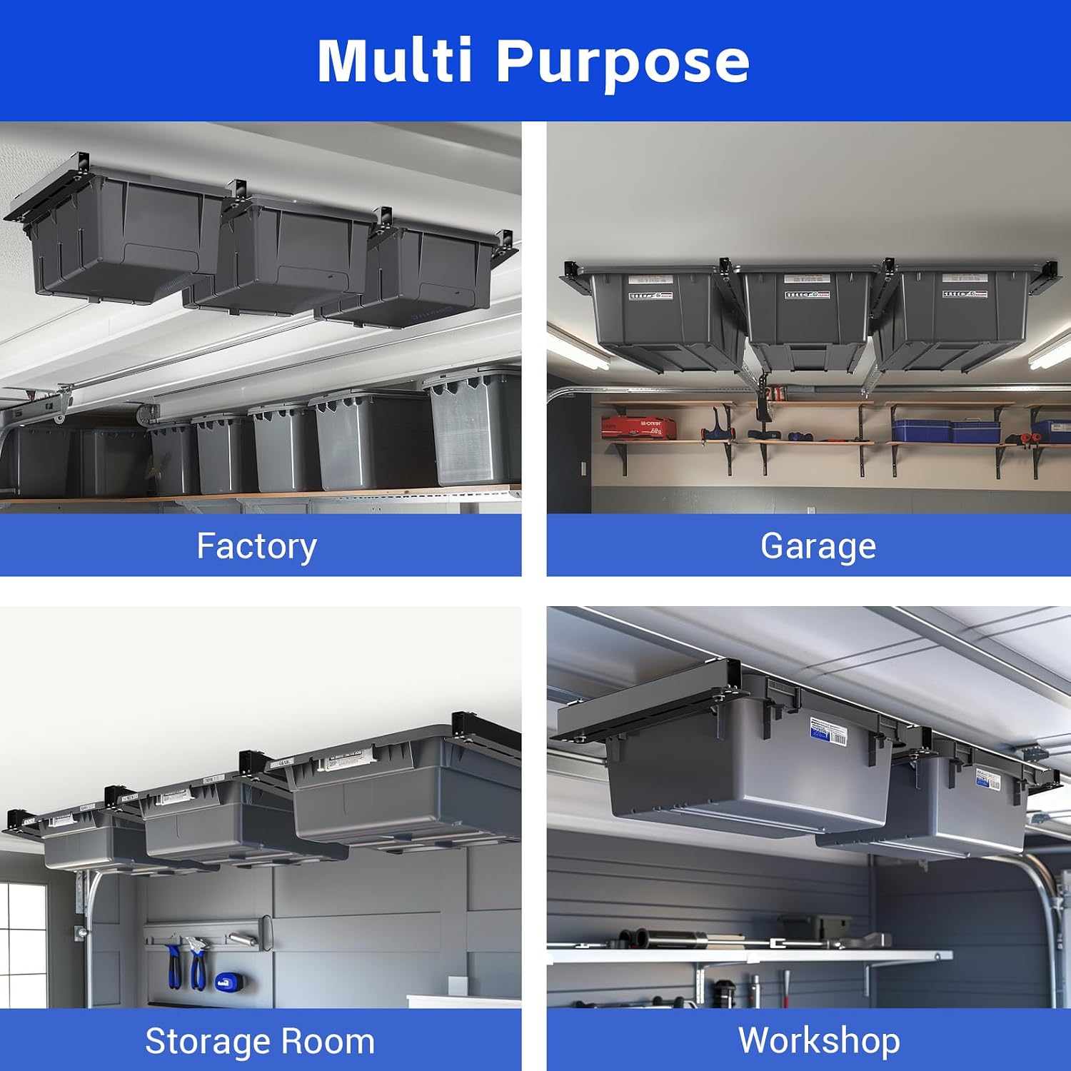 5 Pack Overhead Storage Rack, Ceiling Rack for Utility Bins Organization, Heavy Duty Garage Storage Supports Most Containers (for 4 Bins)