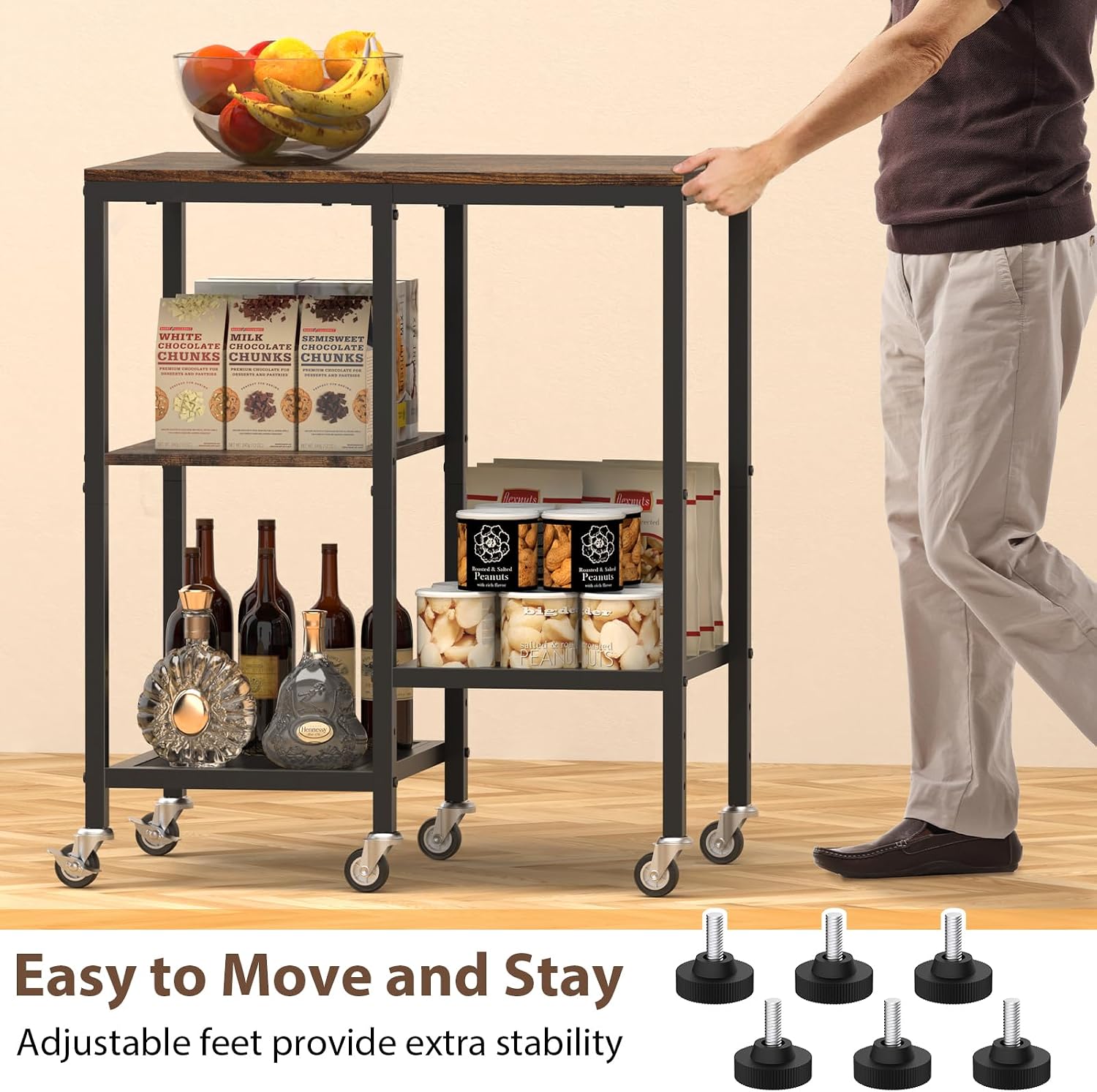 OGEMXU Kitchen Microwave Cart,Microwave Stand with Wheels,Coffee Bar Table Station,4-Tier Rolling Baker's Rack,Small Appliance Storage Shelf,Utility Side Table for Kitchen,Living Room (Rustic Brown)