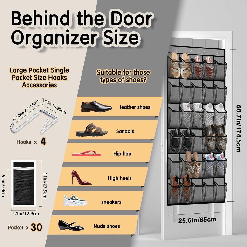 Kotkn Over the Door Shoe Organizer with 30 Breathable Mesh Pockets - Large Capacity Closet Storage for Men & Women, Hanging Shoe Rack Organizer (Gray)