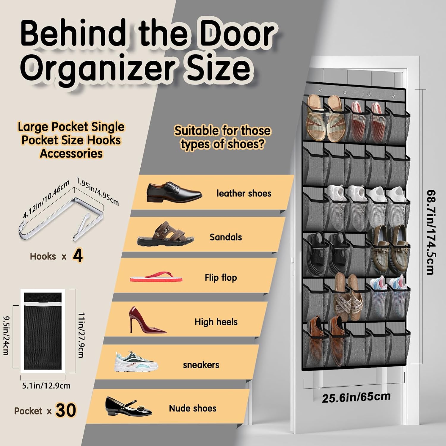 Kotkn Over the Door Shoe Organizer with 30 Breathable Mesh Pockets - Large Capacity Closet Storage for Men & Women, Hanging Shoe Rack Organizer (Gray)