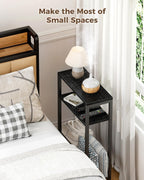 Karii Narrow Side Table, Skinny End Table for Small Spaces with Storage, 3-Tier Slim Wooden Bedside Nightstand Thin Couch Table for Living Room Bedroom Office Dorm Kitchen Bathroom (2, Black)