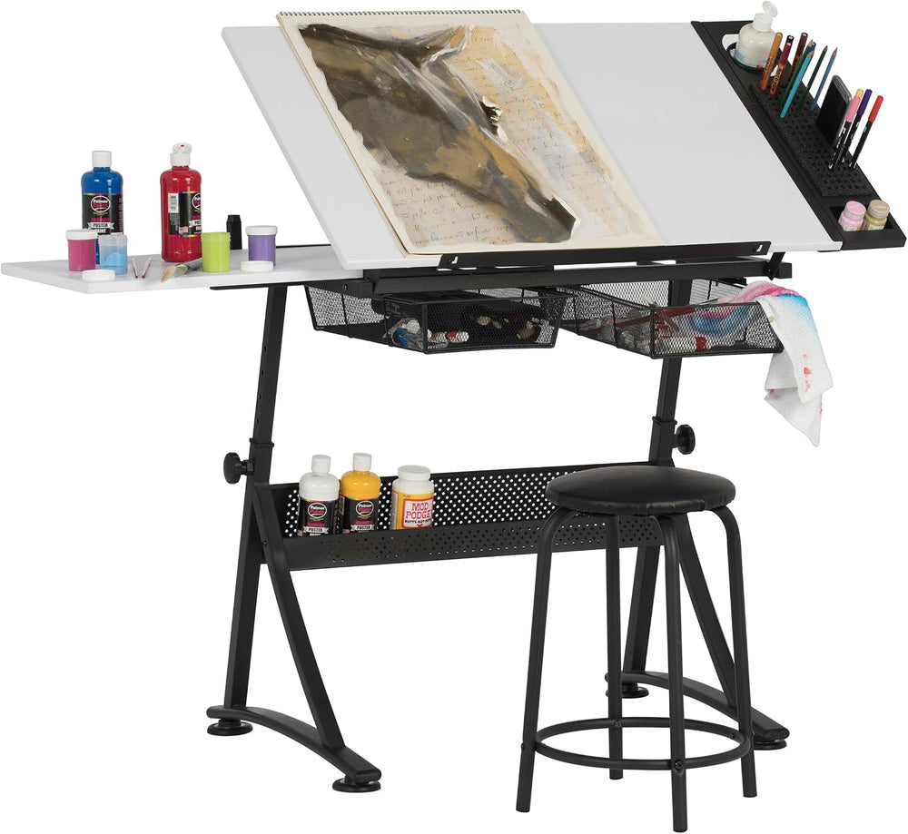 Fusion Drafting Table with Stool, Height Adjustable Desk with Tilt Top, Charc...