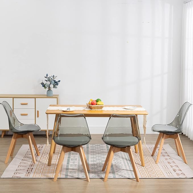 Clear Dining Chairs Set of 2, Modern Acrylic Dining Chair Transparent Chairs with PU Leather Cushions Seat & Wood Legs, Side Chairs for Dining Room Kitchen Restaurant Balcony (Grey)