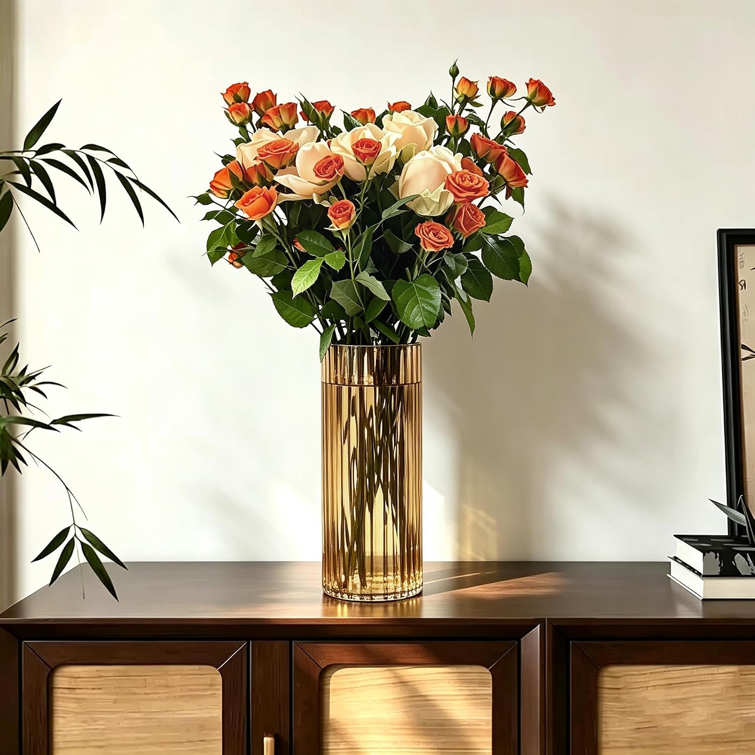 Brown Fluted Glass Vase, 9.8 Inch Thick-Wall Cylindrical for Flowers | Wide Smooth Opening, Weighted Thick Base, Tabletop Centerpiece