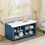 Hall Tree with Bench and Shoe Storage, Entryway Bench with Sliding Door Cabinet, Removable Padded, Metal Wall Hooks and Adjustable Storage Compartments, for Entry, Hallway, Living Room, Blue