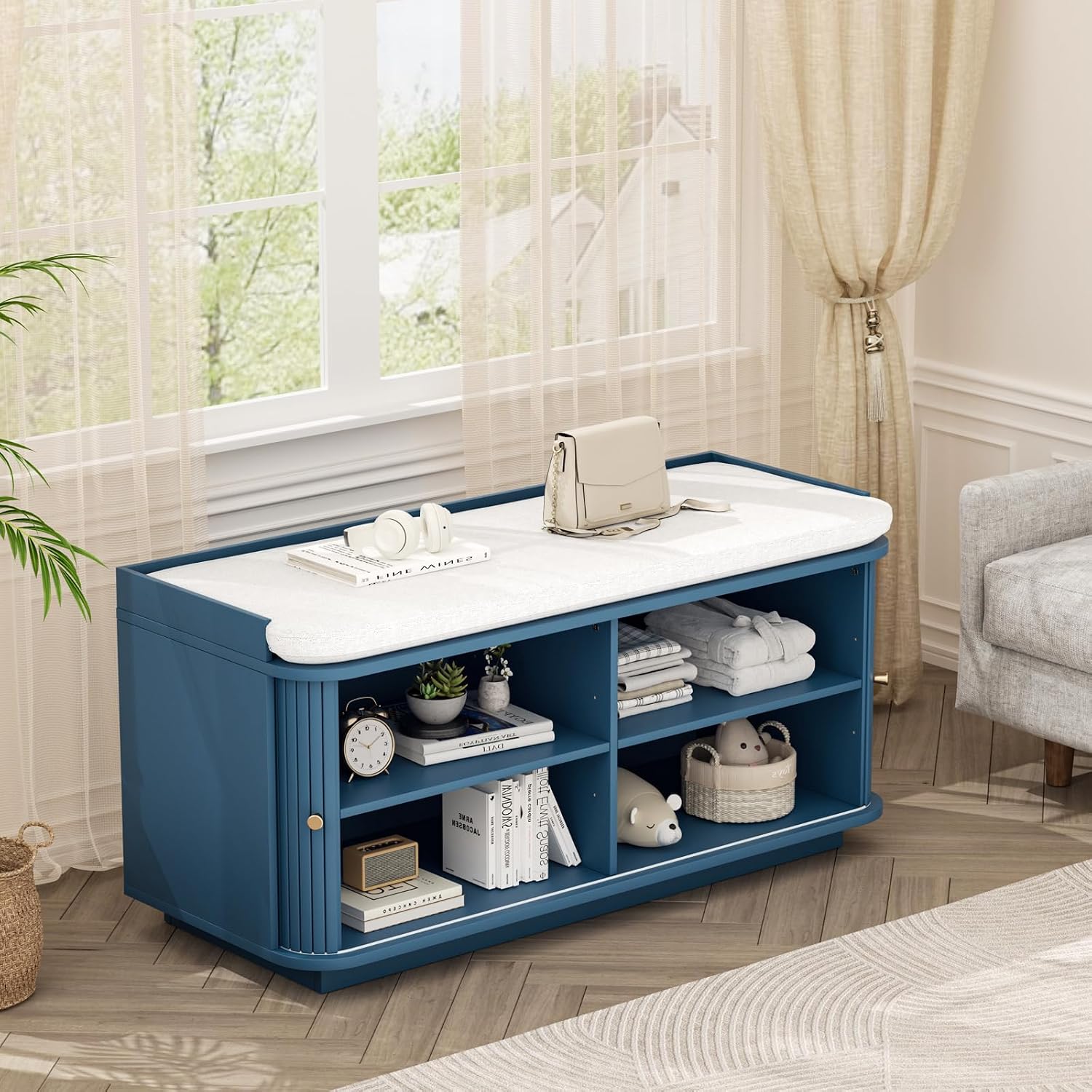 Hall Tree with Bench and Shoe Storage, Entryway Bench with Sliding Door Cabinet, Removable Padded, Metal Wall Hooks and Adjustable Storage Compartments, for Entry, Hallway, Living Room, Blue