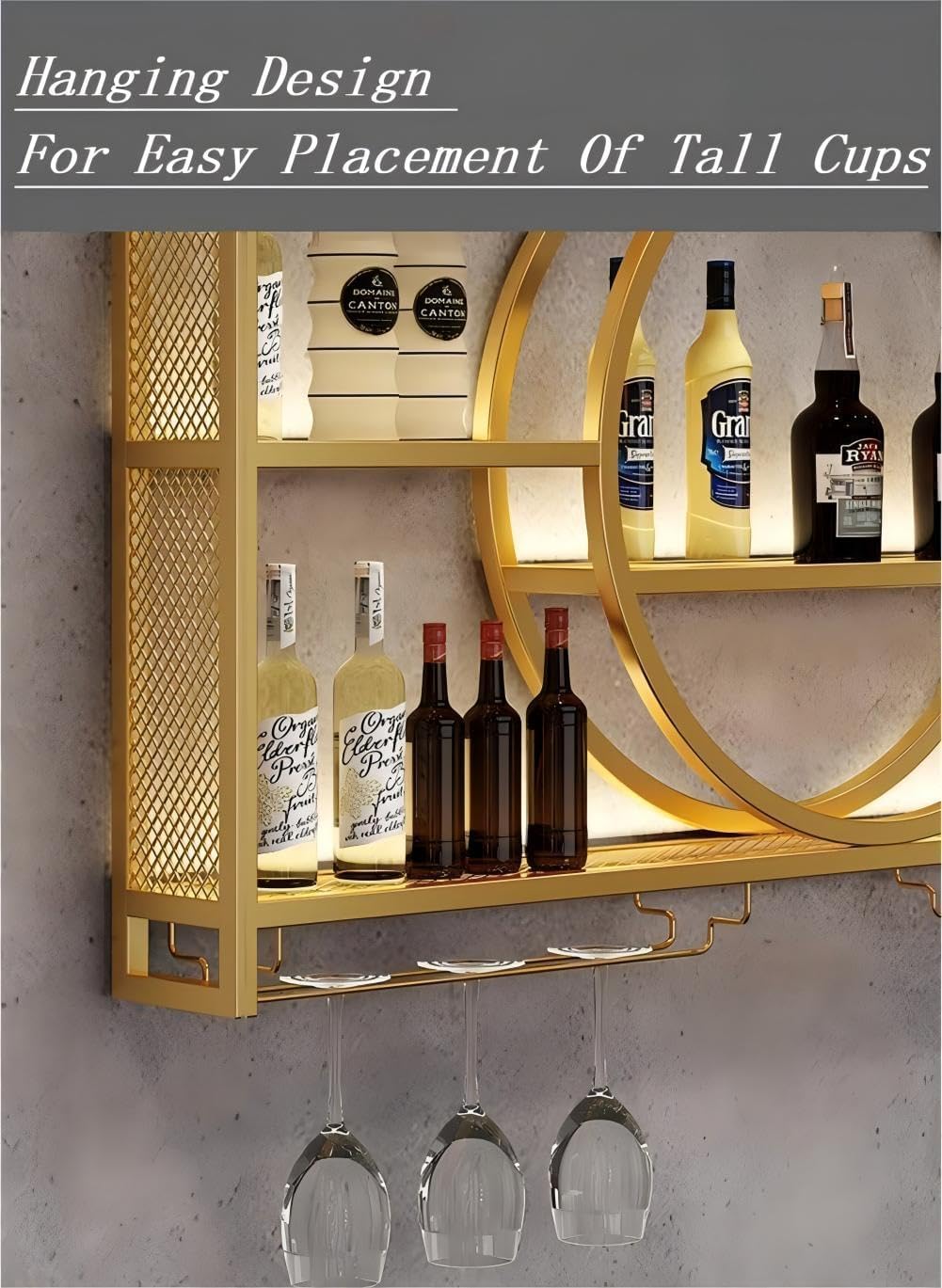 Wall Mounted Wine Rack with Light,3-Tier Metal Wine Bottle Shelf with Wine Glass Holder, Modern Bar Shelves Bar Liquor Bottle Display Shelf Multifunctional Wine Storage Rack for Home Bar (Black, 140)