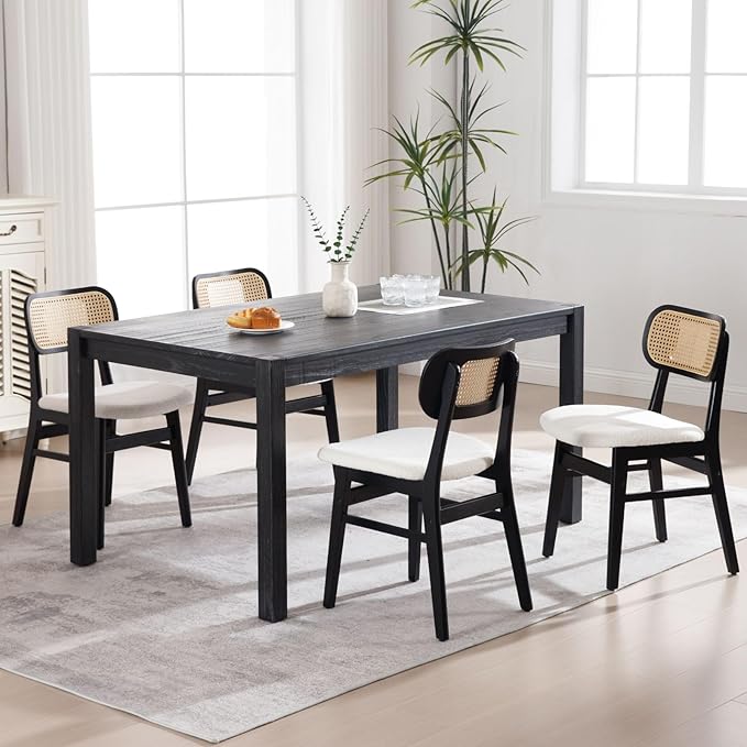 Black Rattan Dining Chairs Set of 6 Sherpa Dining Room Chairs Natural Wooden Kitchen Chairs Farmhouse Boho