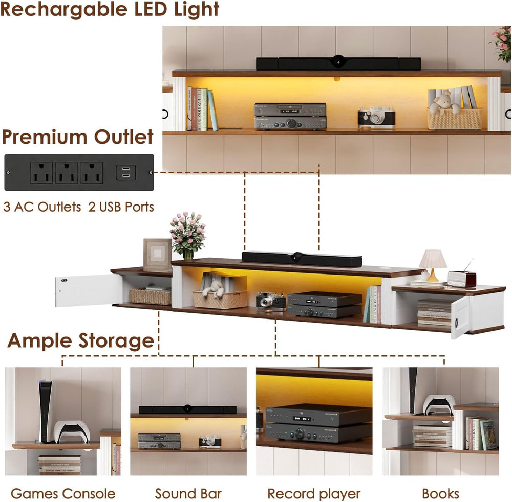 Farmhouse Floating TV Stand for 80" TVs, with LED Light & Outlet | 7...