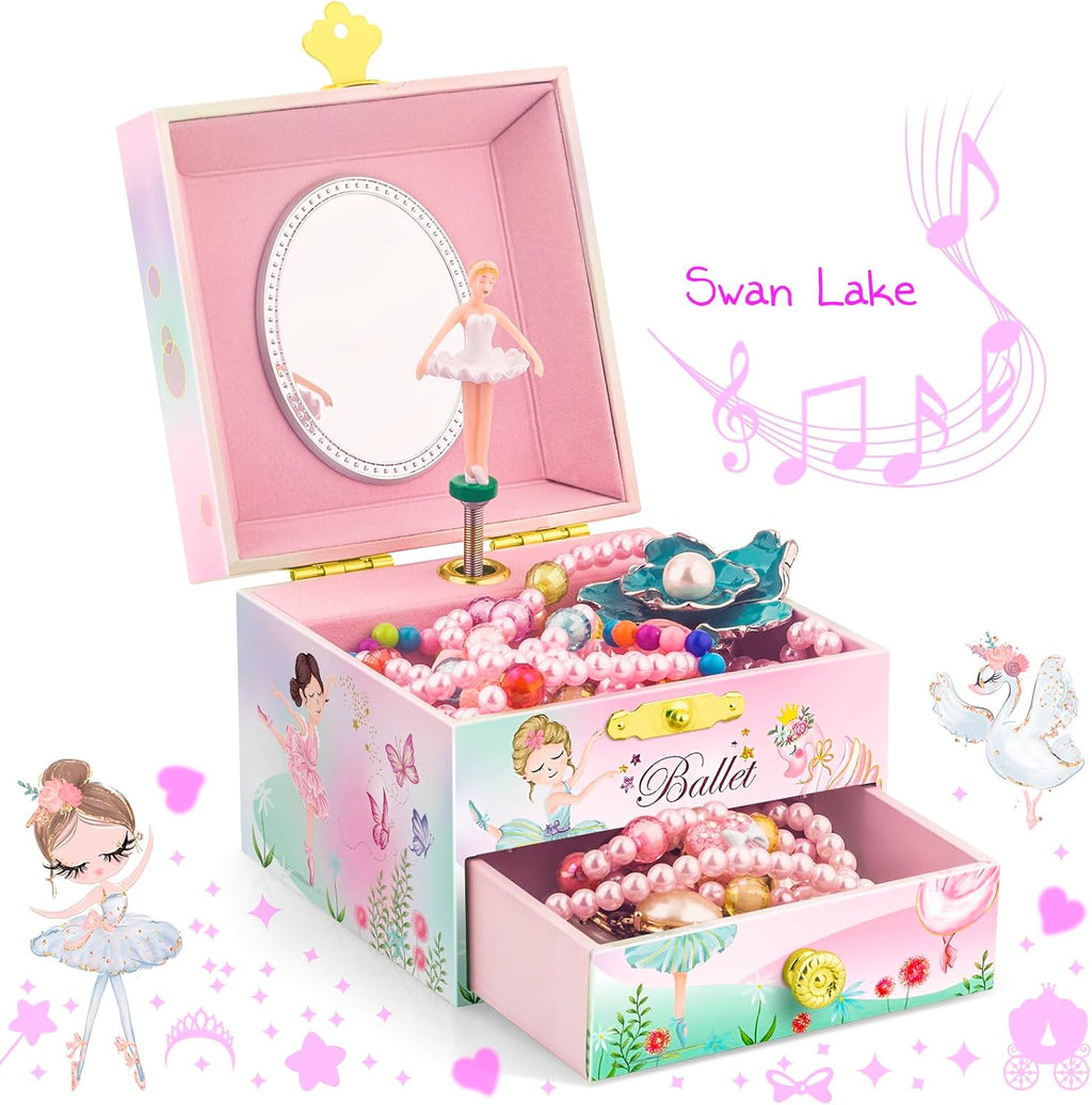 A&A Music Jewelry Box for Girls - Ballet Ballerina Theme with Spinning Doll & Swan Lake Melody, Pink Keepsake Box with Velvet Lining & Mirro