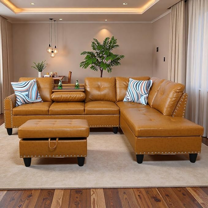 Sectional Couches for Living Room with Movable Chaise & Storage Ottoman - 97.5" Leather L Shaped Couches for Living Room Apartment, Home Modular Sectional Sofas with Cup Holder, Ginger