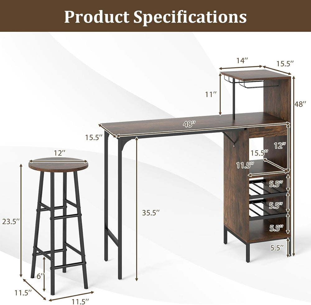 GOFLAME Bar Table Set for 2, Counter Height Dining Table Set with Shelves, Cu...