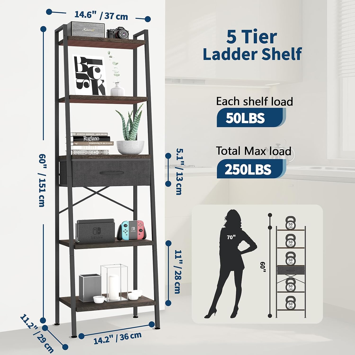Whitmor 5-Tier Bookshelf with Drawer, Tall Narrow Bookcase with Wood Shelves & Metal Frame, Modern Display Storage Shelf for Living Room, Bedroom, Bathroom, Kitchen, Black