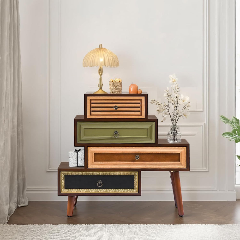 Ahokua Vintage Accent Chest with 4 Drawers, Asymmetrical Stacked Design, Mult...