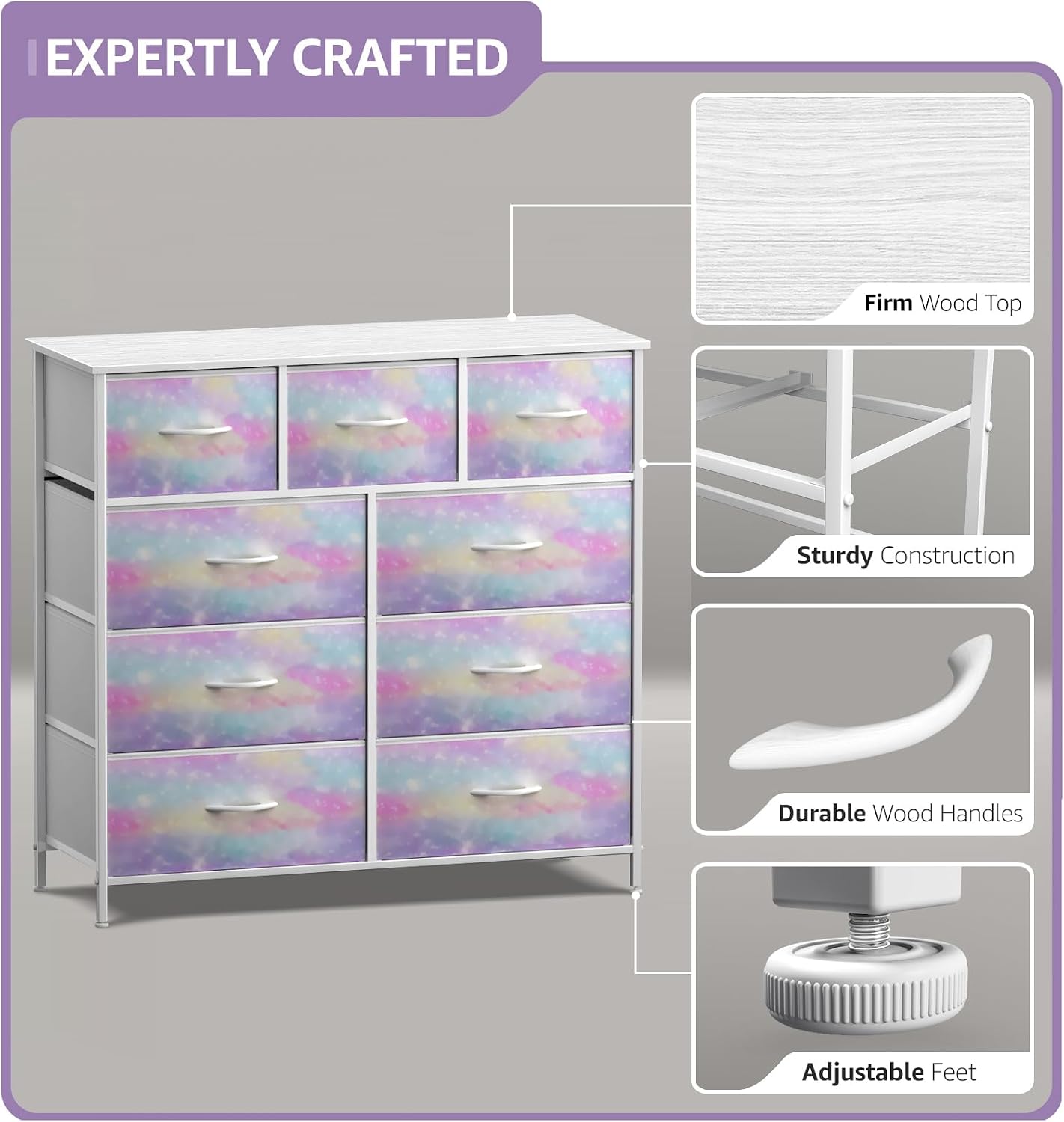 Sorbus Dresser with 9 Drawers - Furniture Storage Chest for Kid’s, Teens, Bedroom, Nursery, Playroom, Clothes, Toys - Steel Frame, Wood Top, Fabric Bins (Tie-dye)