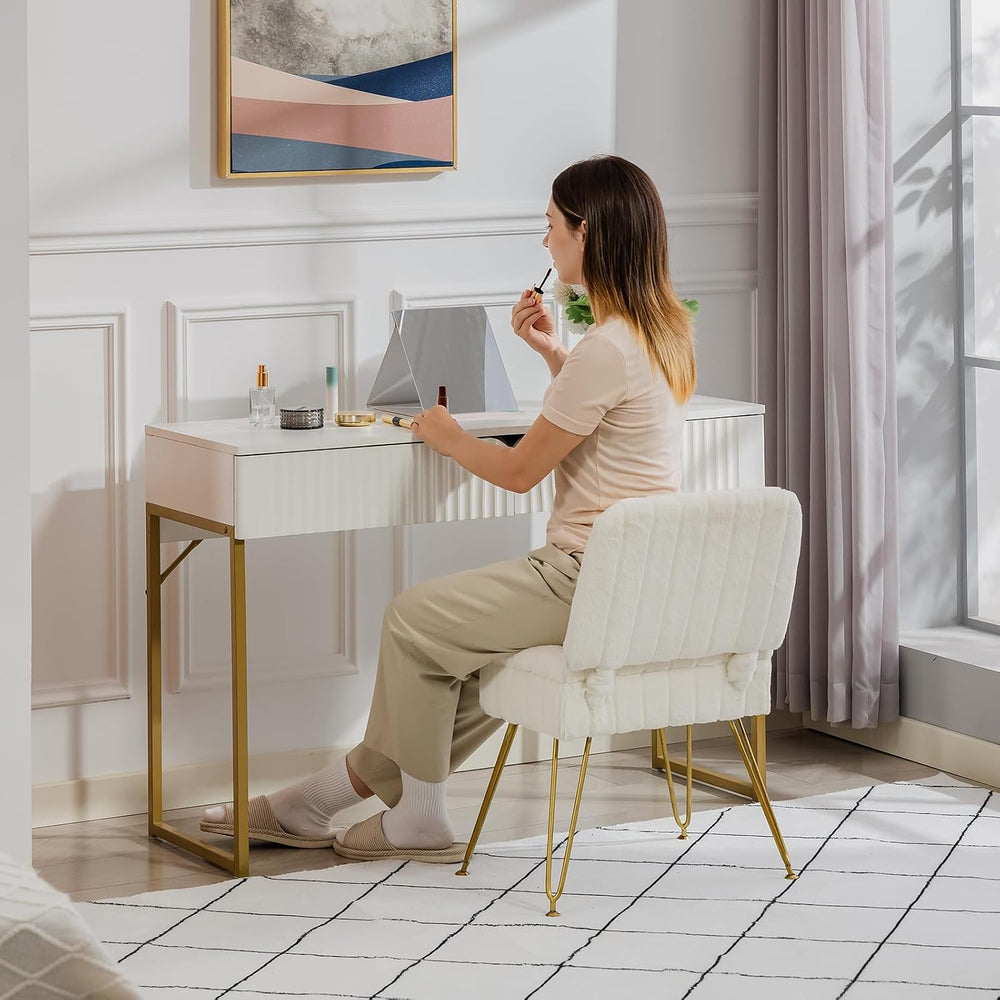 Vanity Chair with Storage | Comfy Ottoman with Folding Back | Faux Fur Vanity...