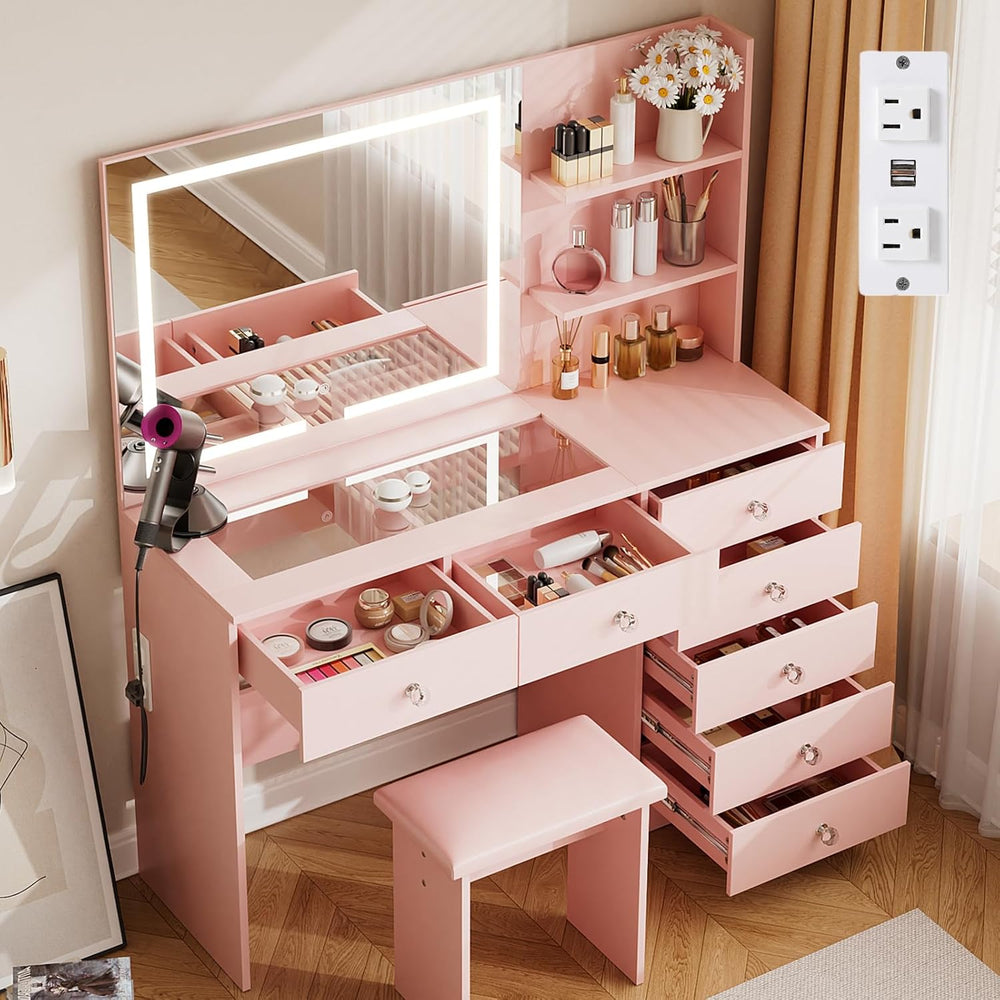 VOWNER Vanity with Mirror and Lights - 47" Glass Top Makeup Vanity Desk ...