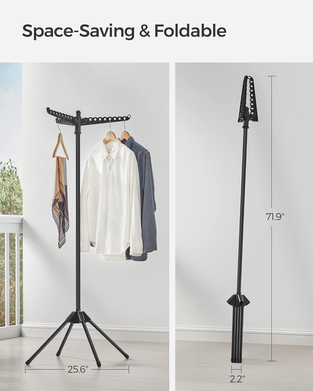 SONGMICS Clothes Drying Rack, 59-Inch Folding Laundry Drying Rack with 3 Rotatable Arms for Hangers, 4 Legs, Stainless Steel, for 27 Pieces of Clothes, Black ULLR510B01