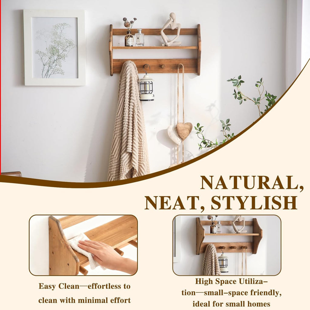 100% Solid Wood Wall Hooks with Shelf, Rustic Coat Rack with Shelf Wall-Mounted, Farmhouse Decor Shelves with 4 Hooks for Clothes Hats Towel Purse Robes, Bathroom Mudroom Bedroom, Entryway