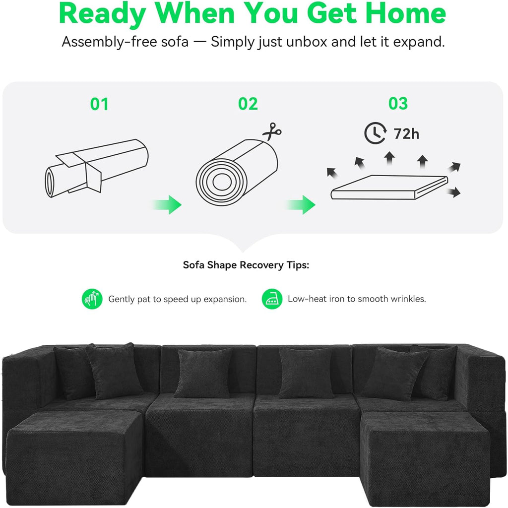 MONVANE U Shaped Boneless Sectional Couch Oversized, Chenille, Black | 6-Seat Sectional Couch for Living Room, Modular Cloud Sofa with Ottoman & 6 Throw Pillows, No Assembly Required