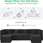 MONVANE U Shaped Boneless Sectional Couch Oversized, Chenille, Black | 6-Seat Sectional Couch for Living Room, Modular Cloud Sofa with Ottoman & 6 Throw Pillows, No Assembly Required