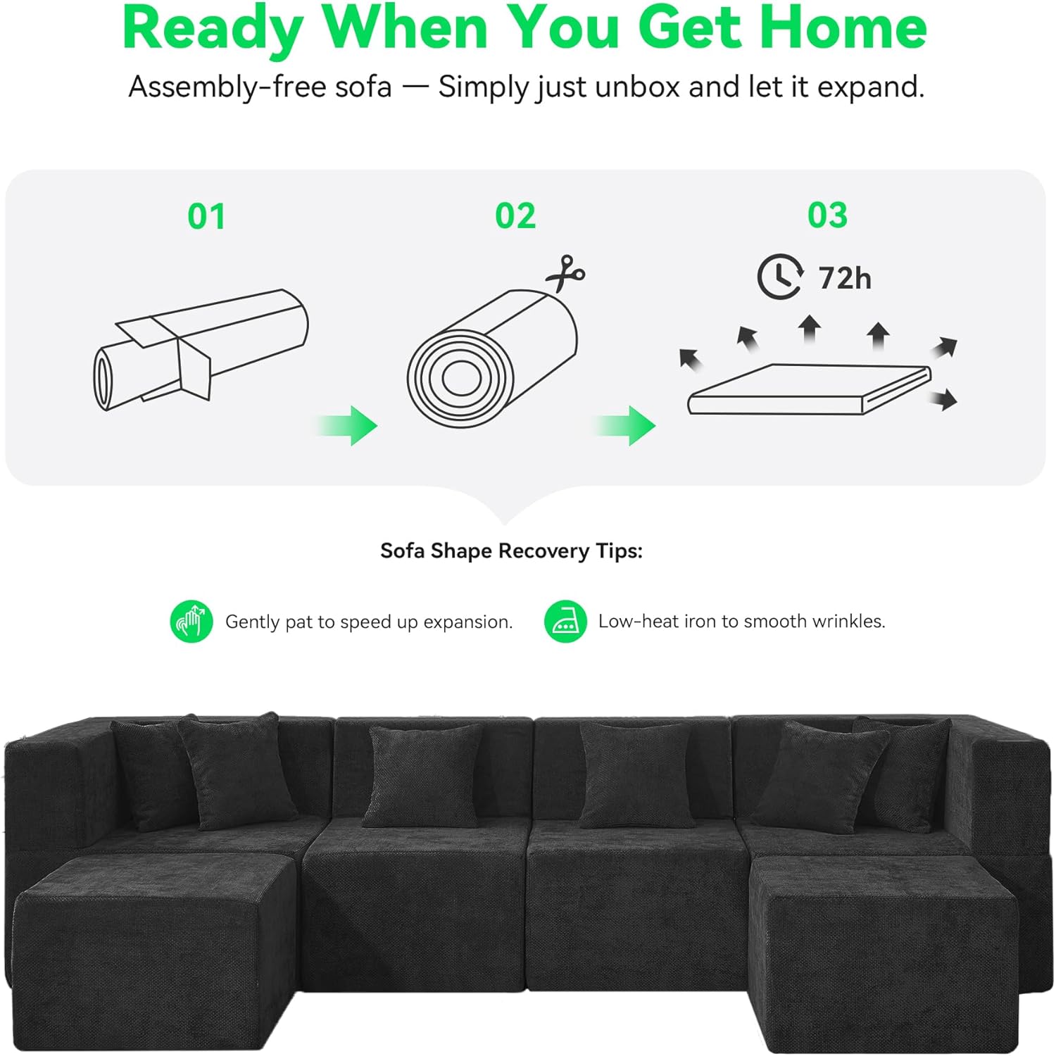 MONVANE U Shaped Boneless Sectional Couch Oversized, Chenille, Black | 6-Seat Sectional Couch for Living Room, Modular Cloud Sofa with Ottoman & 6 Throw Pillows, No Assembly Required