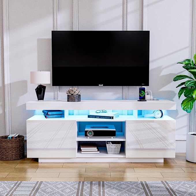 HOMMPA Modern LED TV Stand for 65/60/55 inch TV with Power Outlets, Gaming Console Storage Entertainment Center with LED Lights Game Cabinet for Living Room White